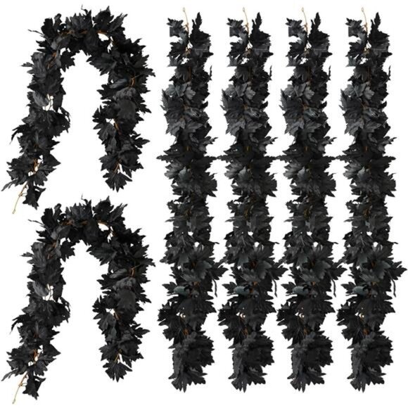 PARTY JOY Black Artificial Maple Leaf Garland - 6PCS 5.6Ft Halloween Decor, - Picture 1 of 8